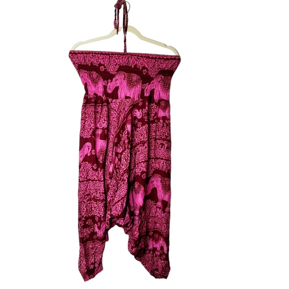 Pink Elephant Print Hippie Boho Drop Croctch Romper M/L - Picture 2 of 5